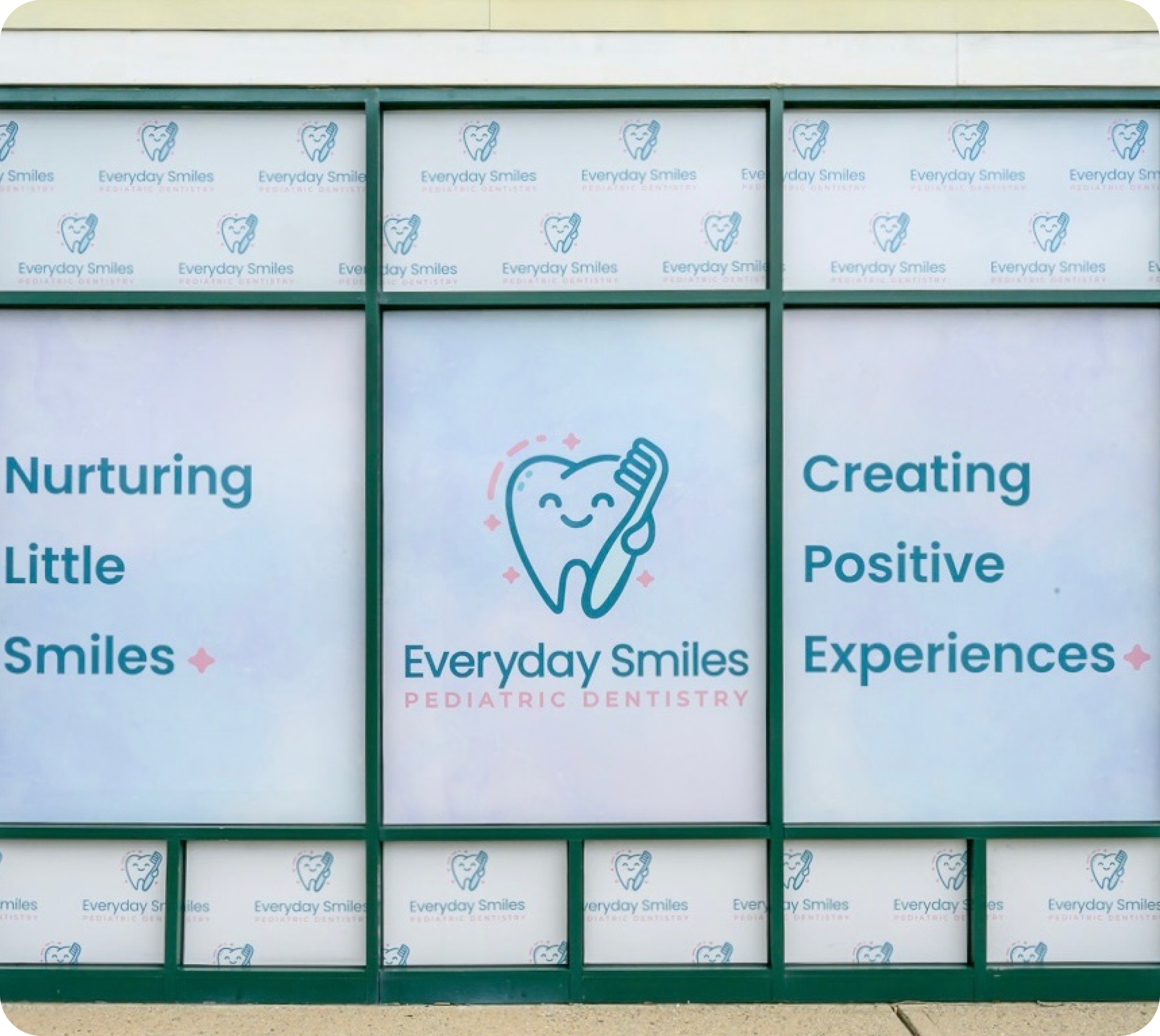Everyday Smiles Pediatric Dentistry storefront in New Windsor, NY with branded window graphics